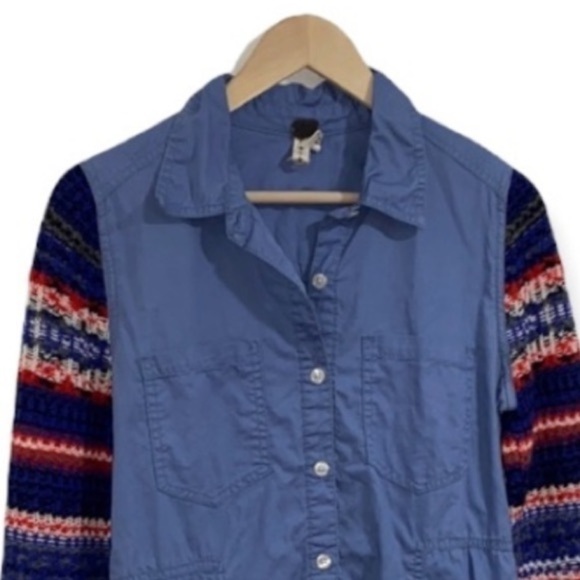 Free People shacket shirt sweater knit sleeve small fair isle chambray - Picture 3 of 9